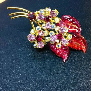 Red Flower Leaf Brooch Pin